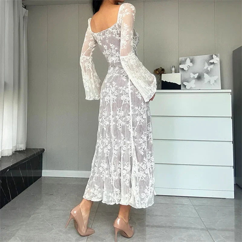 Square Neck Tie Detail Lace Bell Sleeve Paneled Midi Dress
