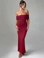 Off Shoulder Horizontal Ruched Band Column Maxi Mini Dress