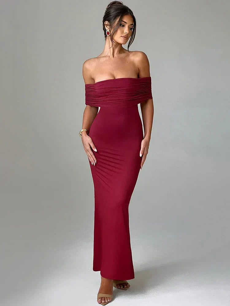 Off Shoulder Horizontal Ruched Band Column Maxi Mini Dress