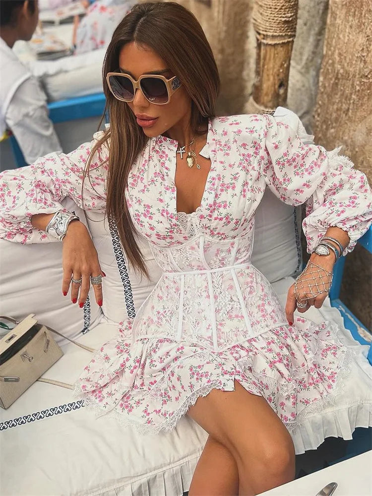 Floral Print Corset Overlay Deep V-Neck Lace Trim Bishop Sleeve Ruffle Hem Mini Dress