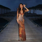 Print Deep V-Neck Metal Ring Waist Cut Out Bodycon Maxi Dress