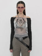 Knitted Mesh Character Print Sheer Top