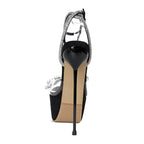 Crystal Platform Peep Toe Sandals with Ankle Buckle Strap Stiletto Thin Heels for Women