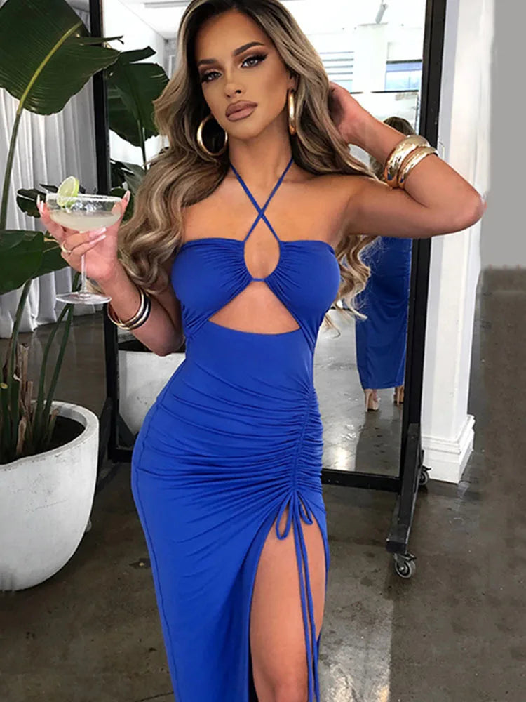 Halterneck Criss Cross Strap Ruched Bust Cut Out Drawstring Side Slit Midi Dress
