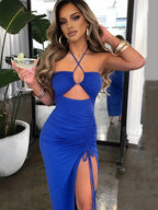 Halterneck Criss Cross Strap Ruched Bust Cut Out Drawstring Side Slit Midi Dress