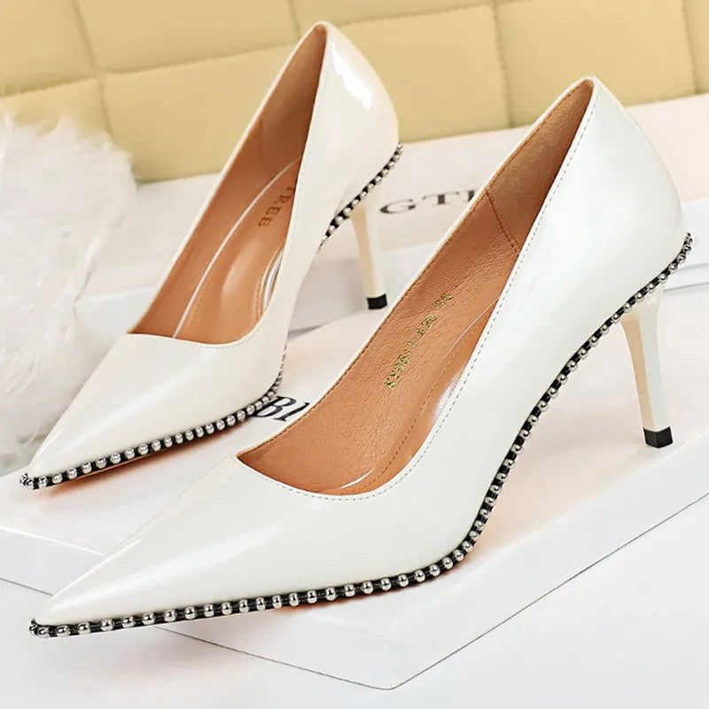 Metal Beads Black Suede High Heel Stiletto Wedding Shoes Women Pumps