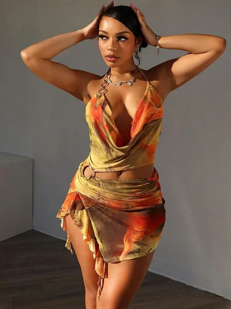 Abstract Print Halter Crop Top Ruffle Mini Skirt Set
