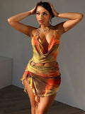 Abstract Print Halter Crop Top Ruffle Mini Skirt Set
