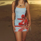 Tropical Floral Print Square Neck Spaghetti Strap Bodycon Mini Dress
