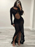 Mesh Long Sleeve Midriff Cut Out Ruffle Trim High Low Maxi Dress