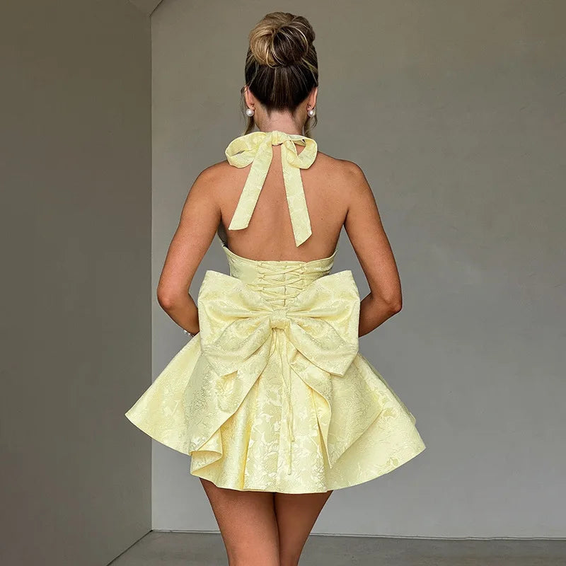 Jacquard Floral Halter Deep V-Neck Bow Back Fit and Flare Mini Dress