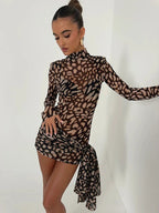 Print Mock Neck Long Sleeve Tie Side Sheer Mesh Mini Dress