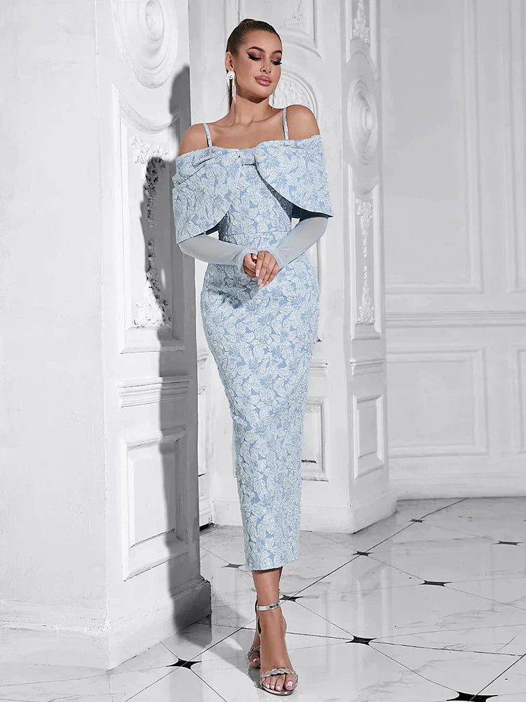 Off Shoulder Bow Detail Floral Jacquard Sheer Long Sleeve Bodycon Midi Dress