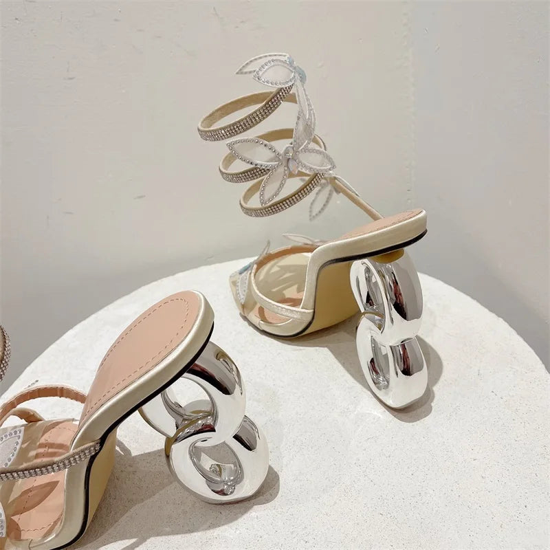 Butterfly Square Style Metal Fretwork Gladiator Sandals for Women with Peep Toe Fashion Heels