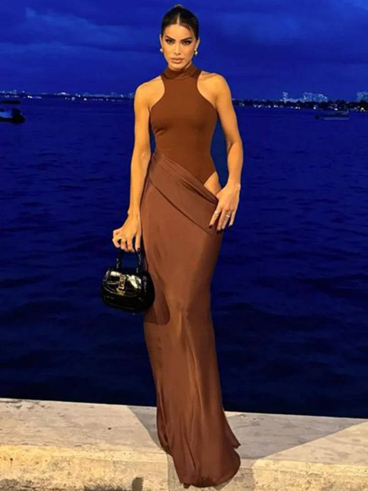 Satin Mock Neck Halter Bodycon Mini Dress Wrap Drape Cutout Maxi Dress