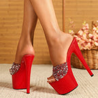 Sequined PVC Super High Heels Modern Slippers