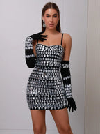Isolde Rhinestone Bandage Dress with Matching Gloves