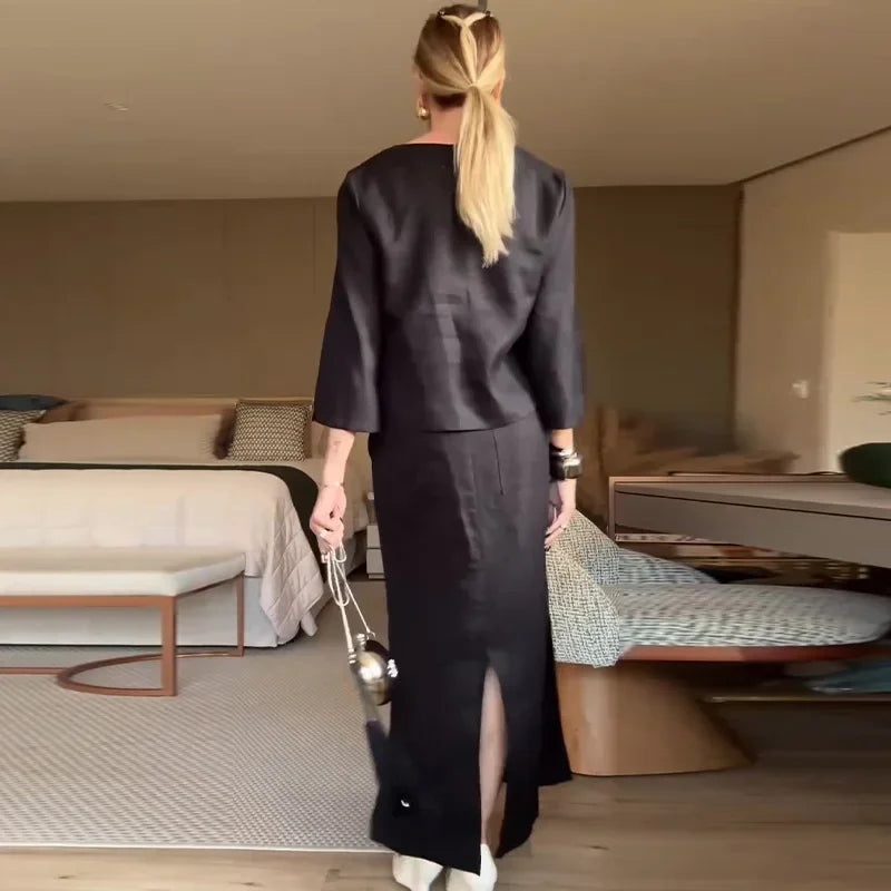 Two Piece Set Women Blouse Skirt Suit Solid Colour