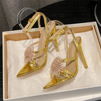 Crystal Flowers Pointed Toe Sandals with Ankle Buckle Strap and Thin High Heels for Prom
