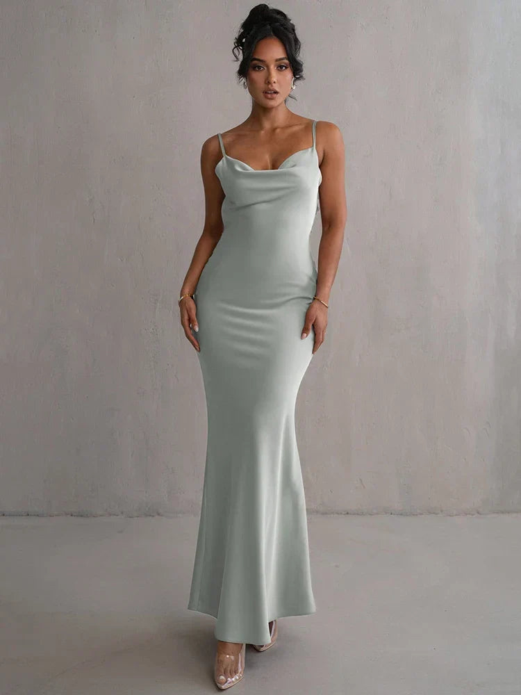 Floral Applique Spaghetti Strap Cowl Back Open Back Maxi Gown