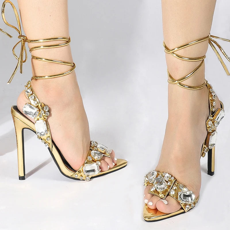 Gold Ankle Strap Sandals for Women Nightclub Party Stripper Heels