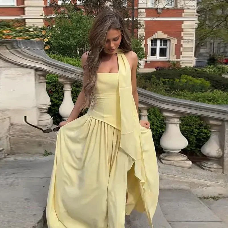 Strapless Structured Bodice Neck Scarf Tie Pleated Asymmetric Hem Maxi Dress