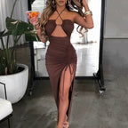 Halter Lace Up Cut Out Ruched Side Slit Bodycon Midi Dress