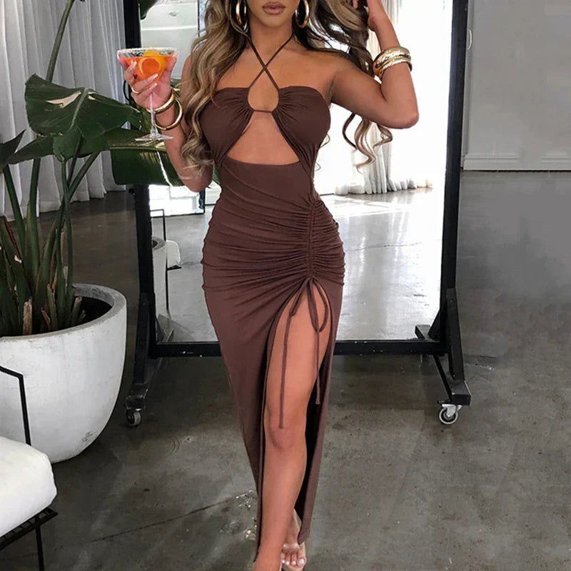 Halter Lace Up Cut Out Ruched Side Slit Bodycon Midi Dress
