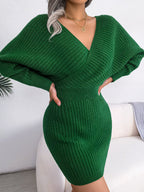 Rib Knit Off-Shoulder Surplice Dolman Sleeve Bodycon Mini Dress