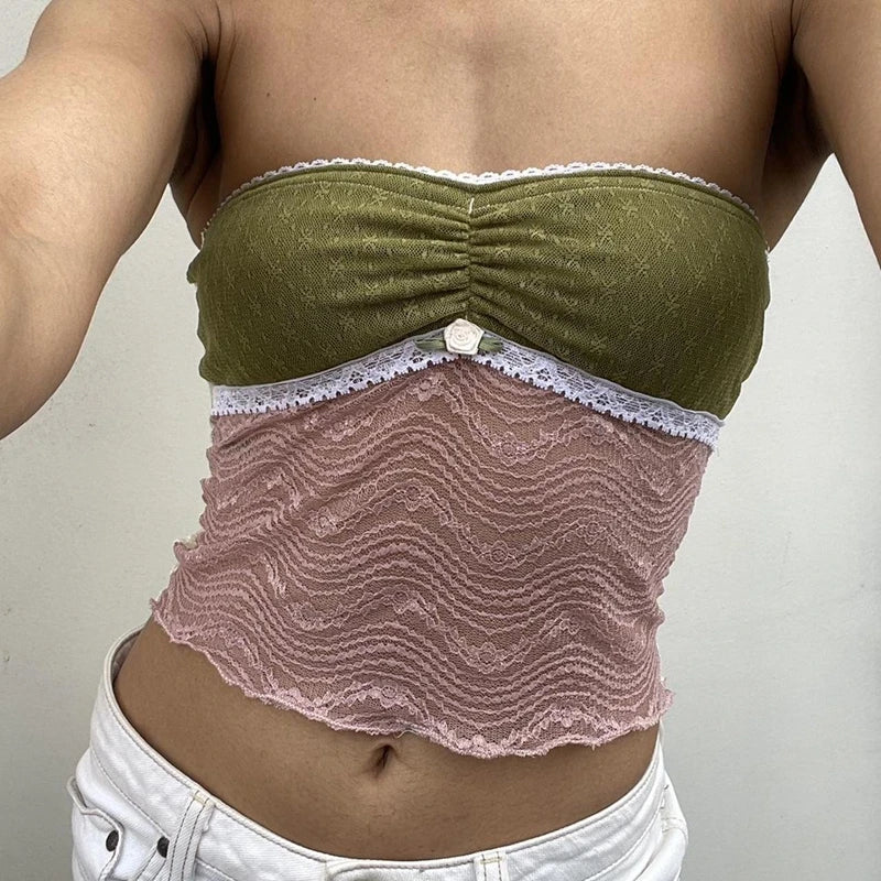 Lace Trim Sheer Mesh Strapless