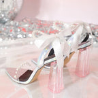 White String Bead Ankle Strap Sandals with Transparent High Heels