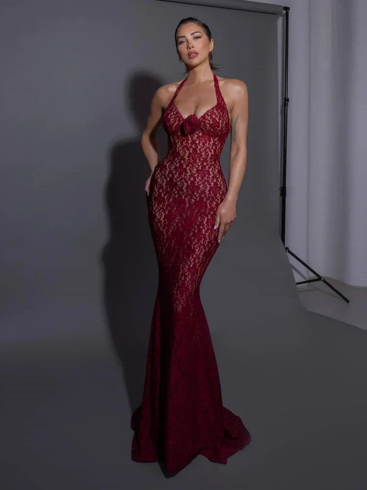 Floral Lace Halter Rosette Sweetheart Mermaid Maxi Gown