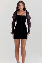 Patchwork Long Sleeve Zipper Bodycon Mini Dress