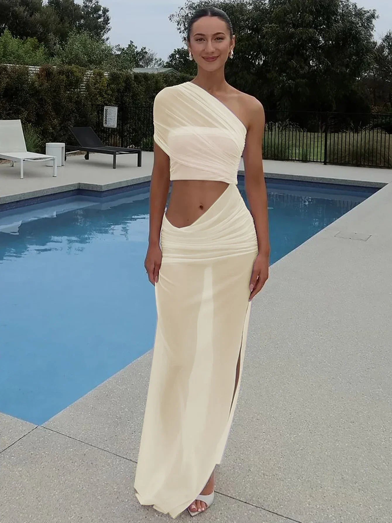 One Shoulder Ruched Mesh Crop Top High Slit Maxi Skirt Two Piece Set