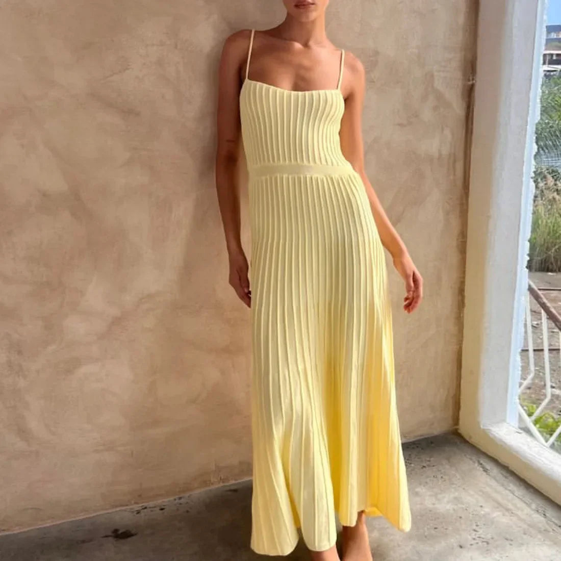 Spaghetti Strap Ribbed Knit Fit and Flare Maxi Dress