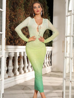Jessica Long Sleeve Gradient Mesh Dress with Rhinestones