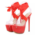 Red Lace-Up Platform Sandals Women 16.5 CM Transparent Shoes