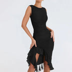 Round Neck Sleeveless Ruched Mesh Ruffle Trim Thigh Slit Midi Dress