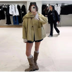 Woolen Scarf Collar Casual Coat Women Single Breasted Elegant Thicken Warm Pocket Loose Solid Jacket Winter Long Sleeve Outwear