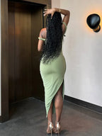 Off Shoulder Ruched Bodycon High Split Midi Dress