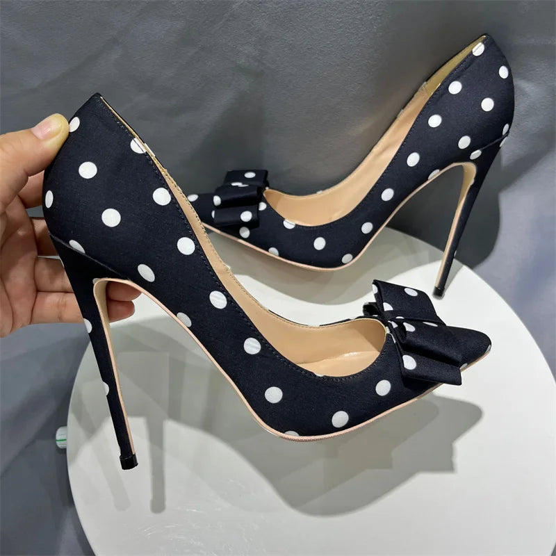 Black Satin Stiletto High Heels with Polka Dot Design