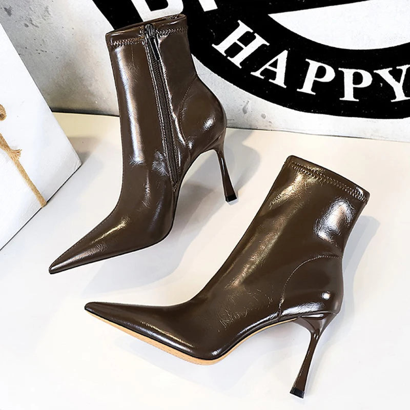 Leather High Heel Boots with Side Zipper and Warm Plush Lining for Winter