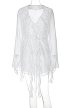 V Neck Long Sleeve Lace-Up See-Through Mini Dress