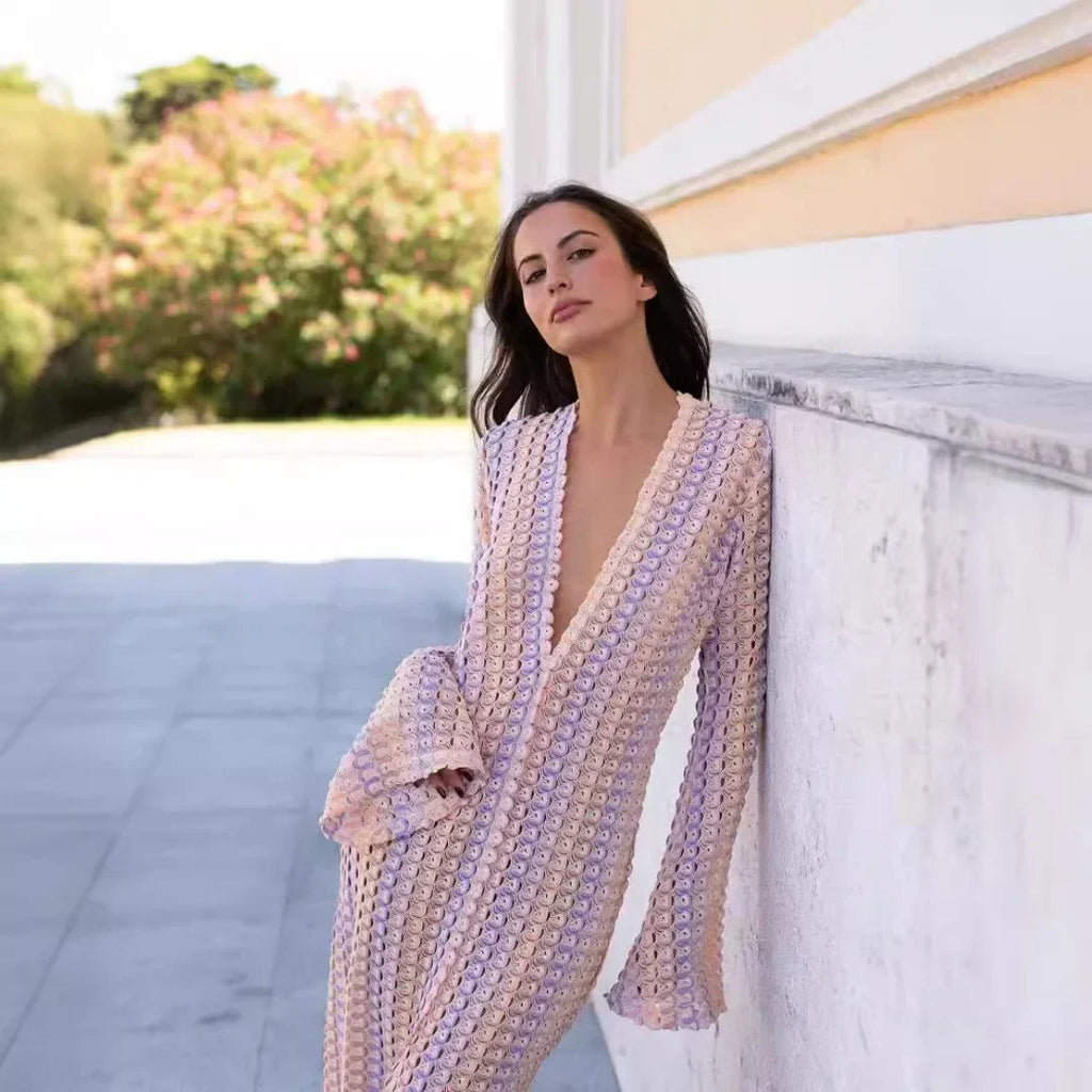 Crochet Stripe Bell Sleeve Plunging V-Neck Maxi Dress