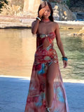 Bandeau Keyhole Cut Out Ring Link Side High Slit Abstract Print Maxi Dress