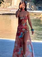 Bandeau Keyhole Cut Out Ring Link Side High Slit Abstract Print Maxi Dress