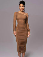 One Shoulder Ruched Mesh Contrast Piping Maxi Dress