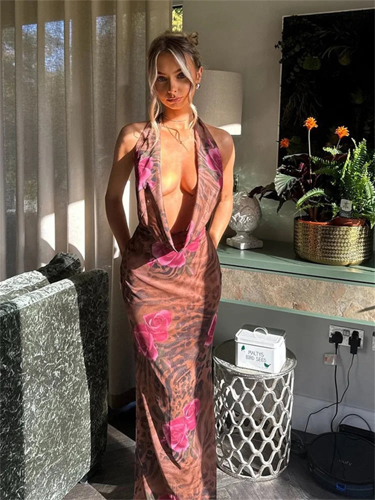 Floral Print Halter Neck Cowl Plunge Mesh Bodycon Maxi Dress