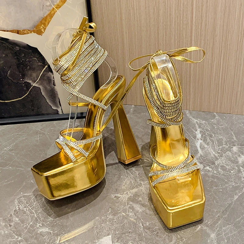 Glitter Rhinestones Cross Ankle Strap Super High Heels for Women on the Runway