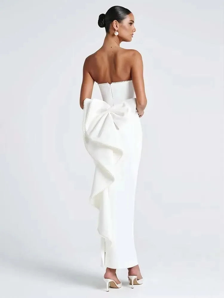 Pearl Trim Neckline Princess Seam Oversized Bow Back Fit and Flare Mini Dress